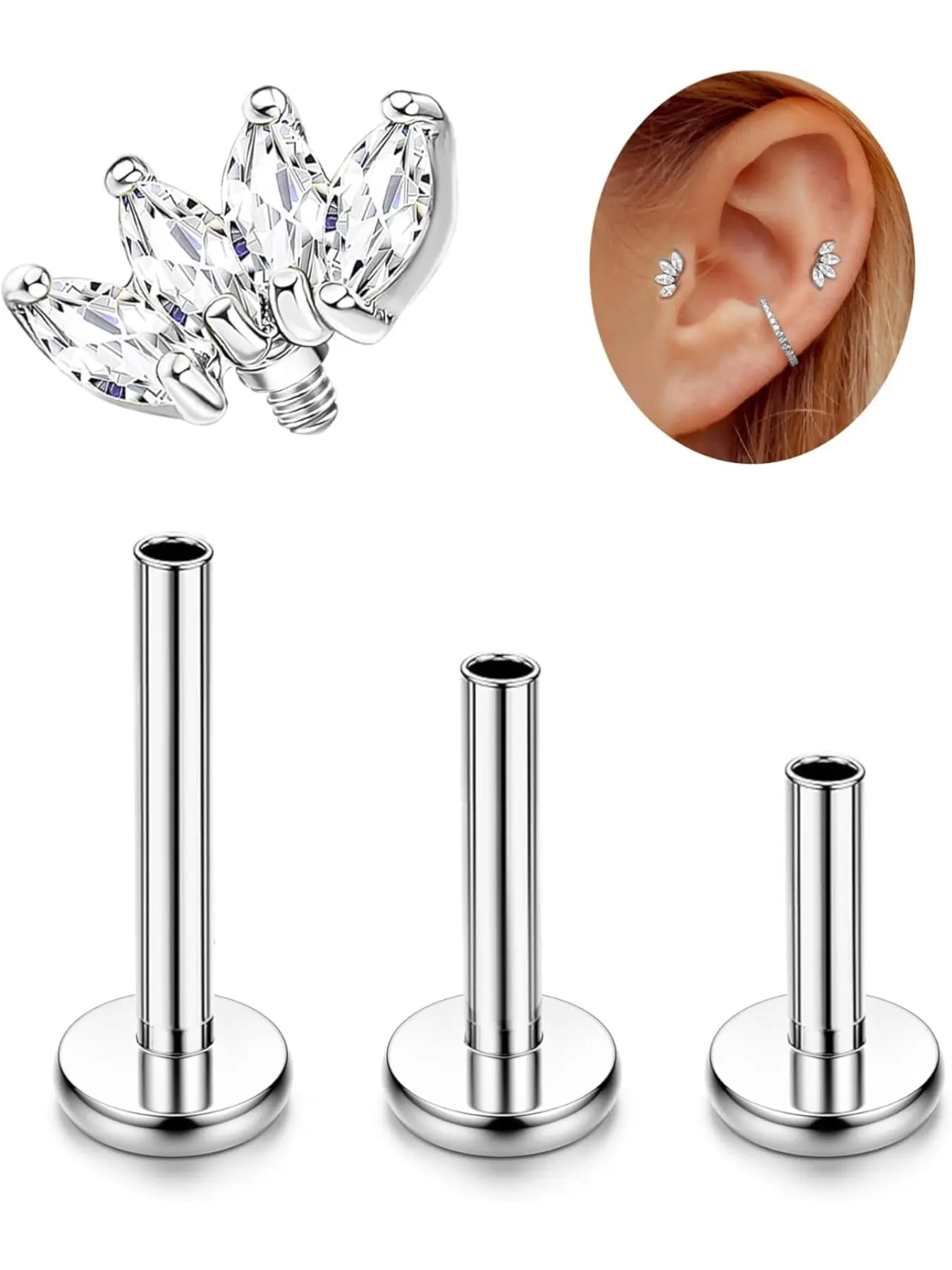 G23 Titanium Helix Piercing Jewellery Cartilage Earrings Internally Threaded Flat Back Ear Piercing Labret Conch Piercing Hypoallergenic Stud Helix Earrings Silver Gold Tragus Piercing Jewellery Ear Cartilage Studs