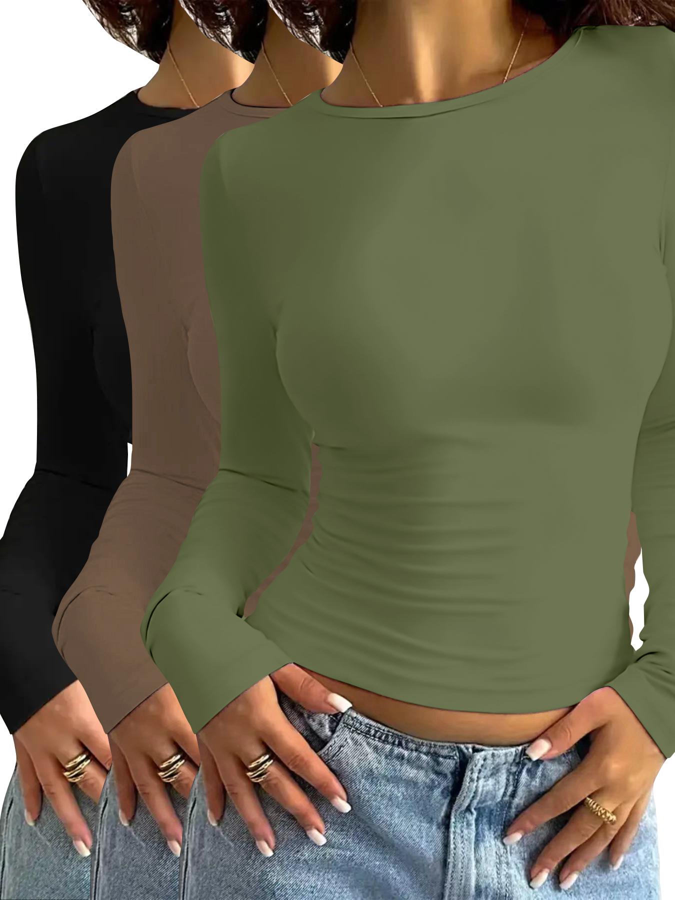 Women's Solid Round Neck Long Sleeve Slim Fitted Tee, Casual Minimalist Basic Style T-shirt for Daily Wear, Ladies Clothes for All Seasons, Cute Tops, Women's T Shirts, Womenswear, Everyday Tshirt