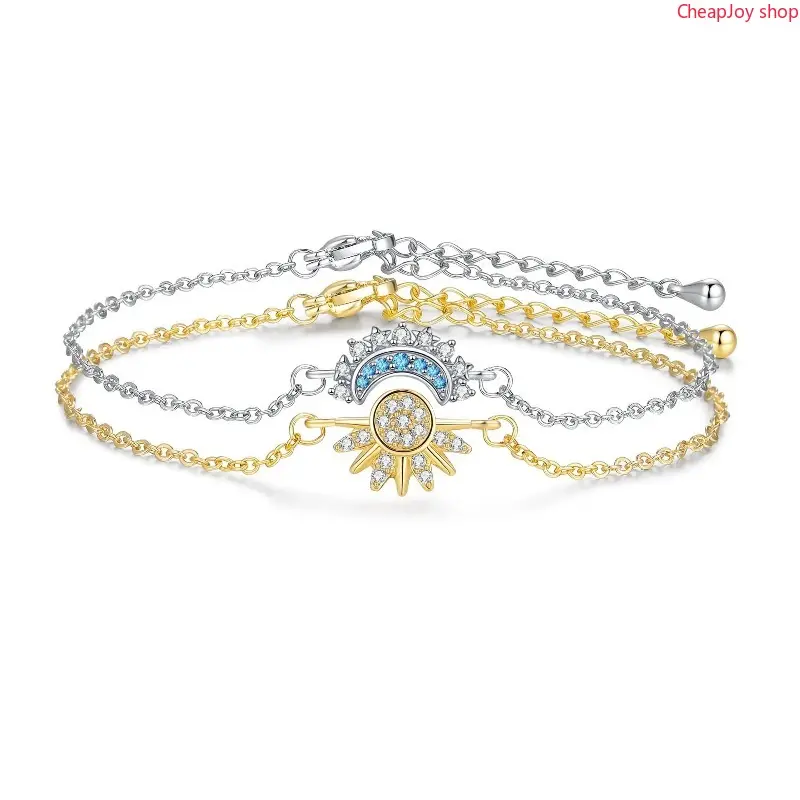 2pcs Sun Moon Bracelet Set Stackable Sparkling Gold Sun Ring & Blue Moon Bracelet for Couples Ideal Friendship Gift Versatile Stylish Accessory