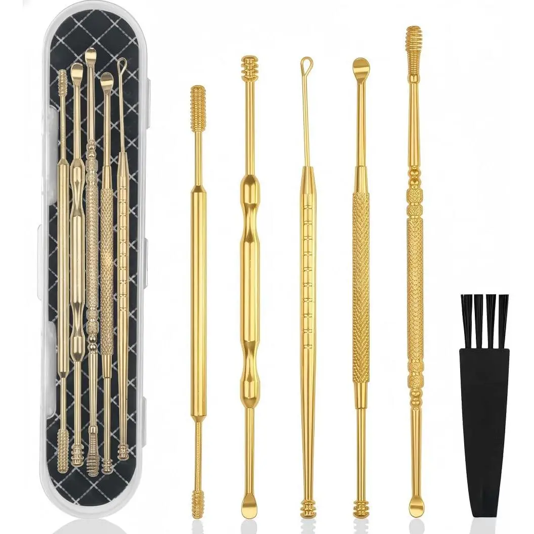 6 Pcs Extended Ear Wax Removal Kit,Professional Double-Headed Ear Pick Earwax Removal Tools,316L Stainless Steel Ear Cleaner Curette with Cleaning Brush and Storage Box,Suit for Kid Adult