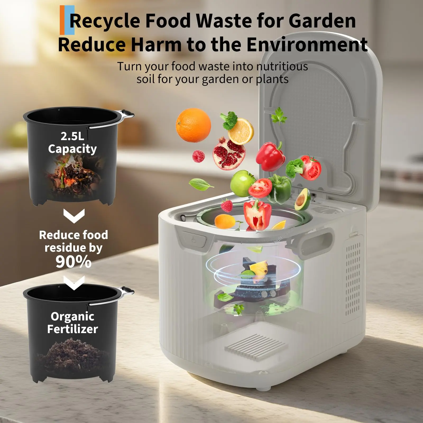 Garvee Electric Kitchen Composter - 2.5L Compact Small Size Smart Food Waste Compost Machine, Auto-Clean, LED Display, Odorless, Low Noise, Standard Plug, Turns Scraps into Fertilizer for Indoor Home Users