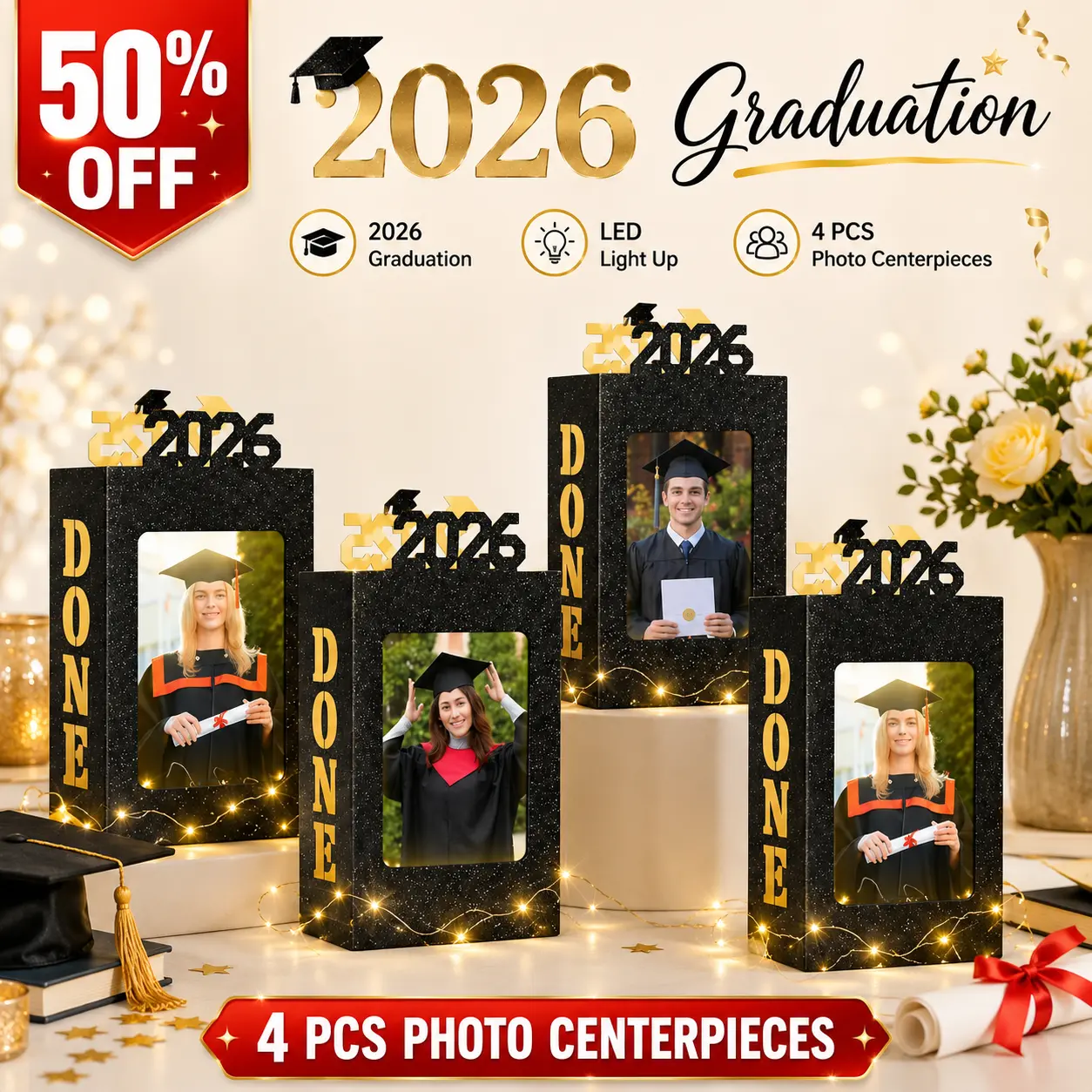4 Pcs Black 2026 Graduation LED Light-Up Table Centerpieces with 4x6 Custom Photo Display Frame, Grad Party Gifts & Festive Arrangements for Class of 2026 Table Decor
