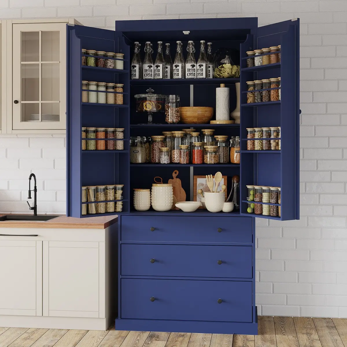 77" Farmhouse Kitchen Pantry, Freestanding Tall Cupboard Storage Cabinet with 3 Adjustable Shelves, 8 Door Shelves, 3 Drawers for Kitchen, Dining Room, Blue