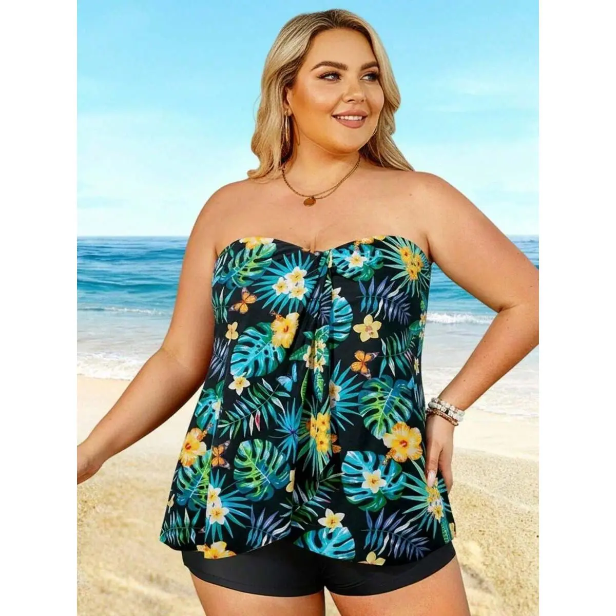 2026 Plus Size Tropical Print Bandeau Tankini - Black Base With Floral & Leaf Pattern, Flowy Peplum Top, High-Waisted Shorts, Beach Swimwear