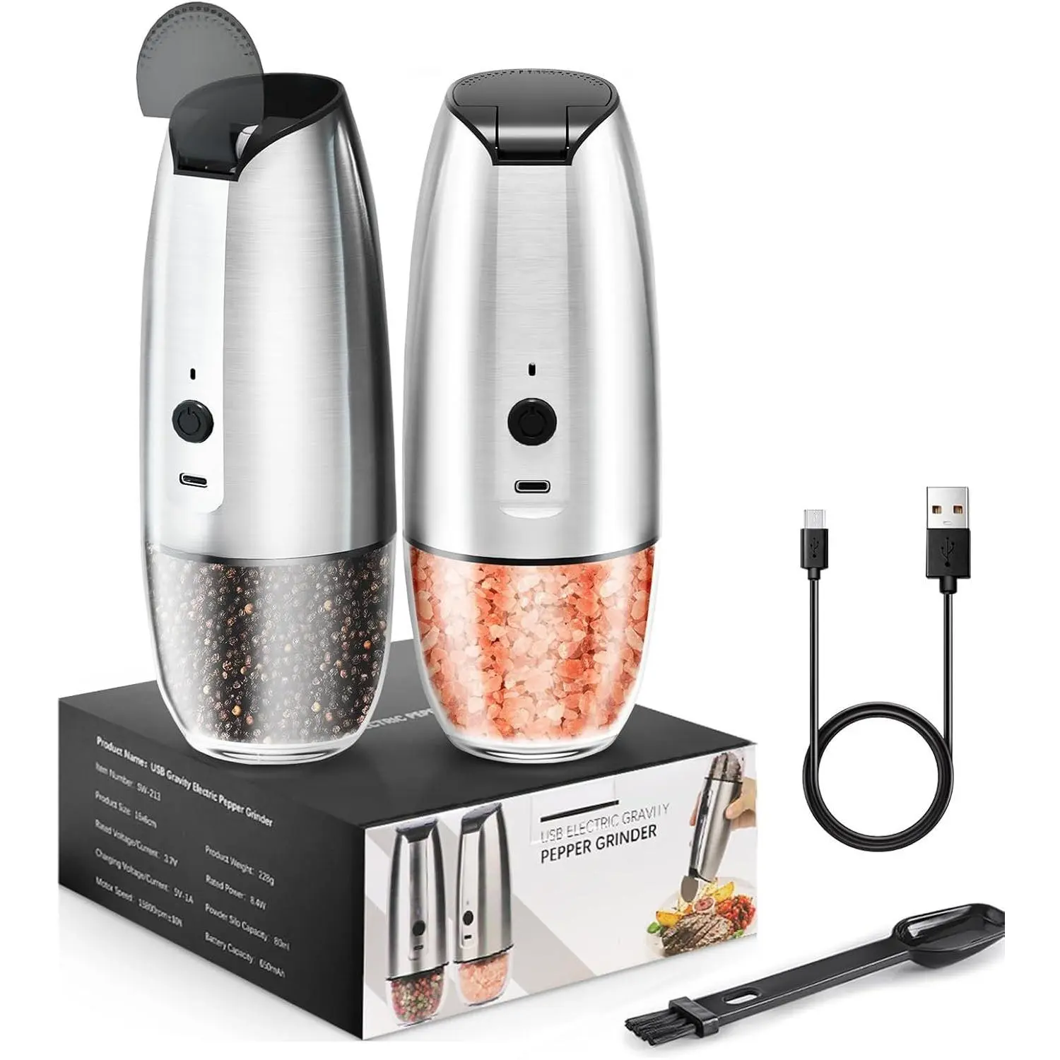 Electric Salt and Pepper  Set: - For Gravity Electric Salt and Pepper Shakers Set Rechargeable Automatic  USB   Peppercorn Shaker with Adjustable Coarseness