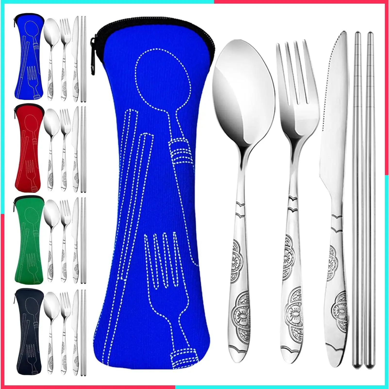 20PCS Premium Travel Utensils With Case, Stainless Steel Reusable Portable Utensils Set for Lunch Box Camping, Silver