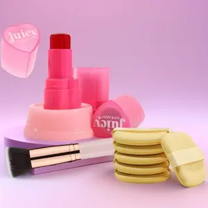 Jelly Blush Stick Set with Flat Head Brush & Six Dry-Wet Cushion Puffs, Waterproof Matte Finish, Suitable for All Skin Tones