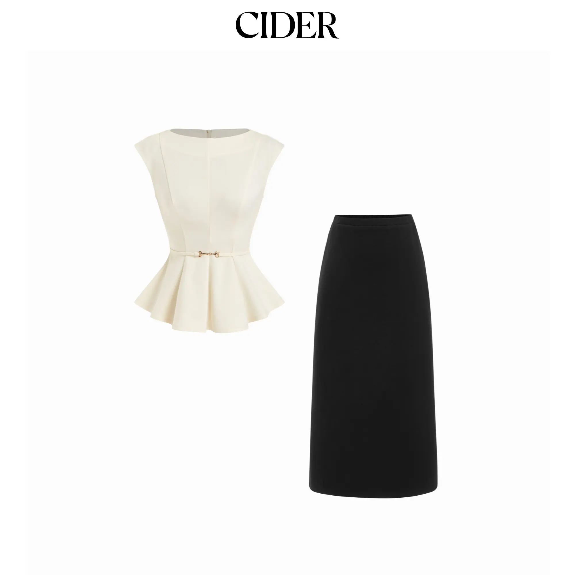 Cider Cotton Cinched Waist Top With Metal Button & Mid Rise Midi Skirt Set Elegant Chic SohoChic