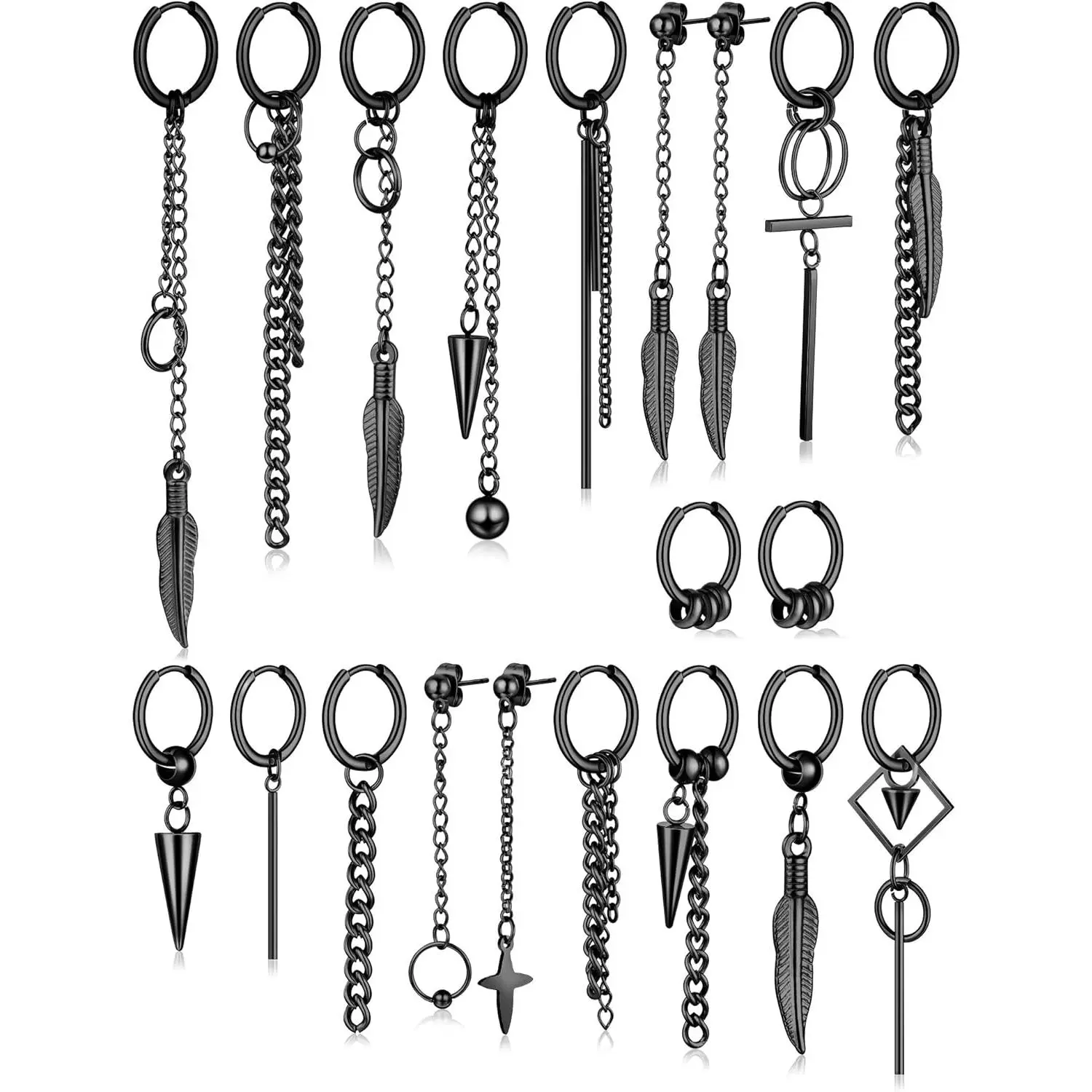 20 Pieces Men Dangle Earrings Stainless Steel Huggie Hinged Hoop for Women