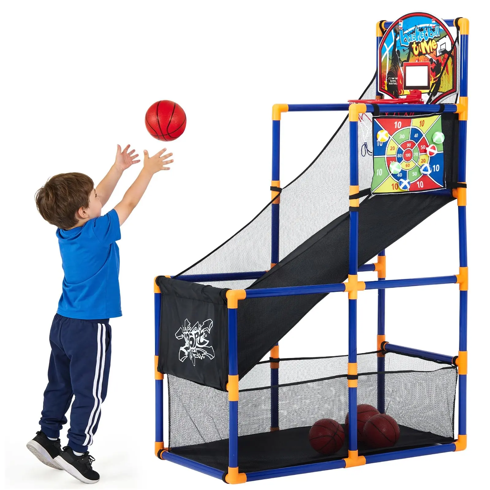 2-in-1 Arcade Basketball Hoop with Dart Board,4 Balls Adjustable Height Basketball Hoop with Ball Return Ramp,Indoor/Outdoor Sport Play for Ages 3+