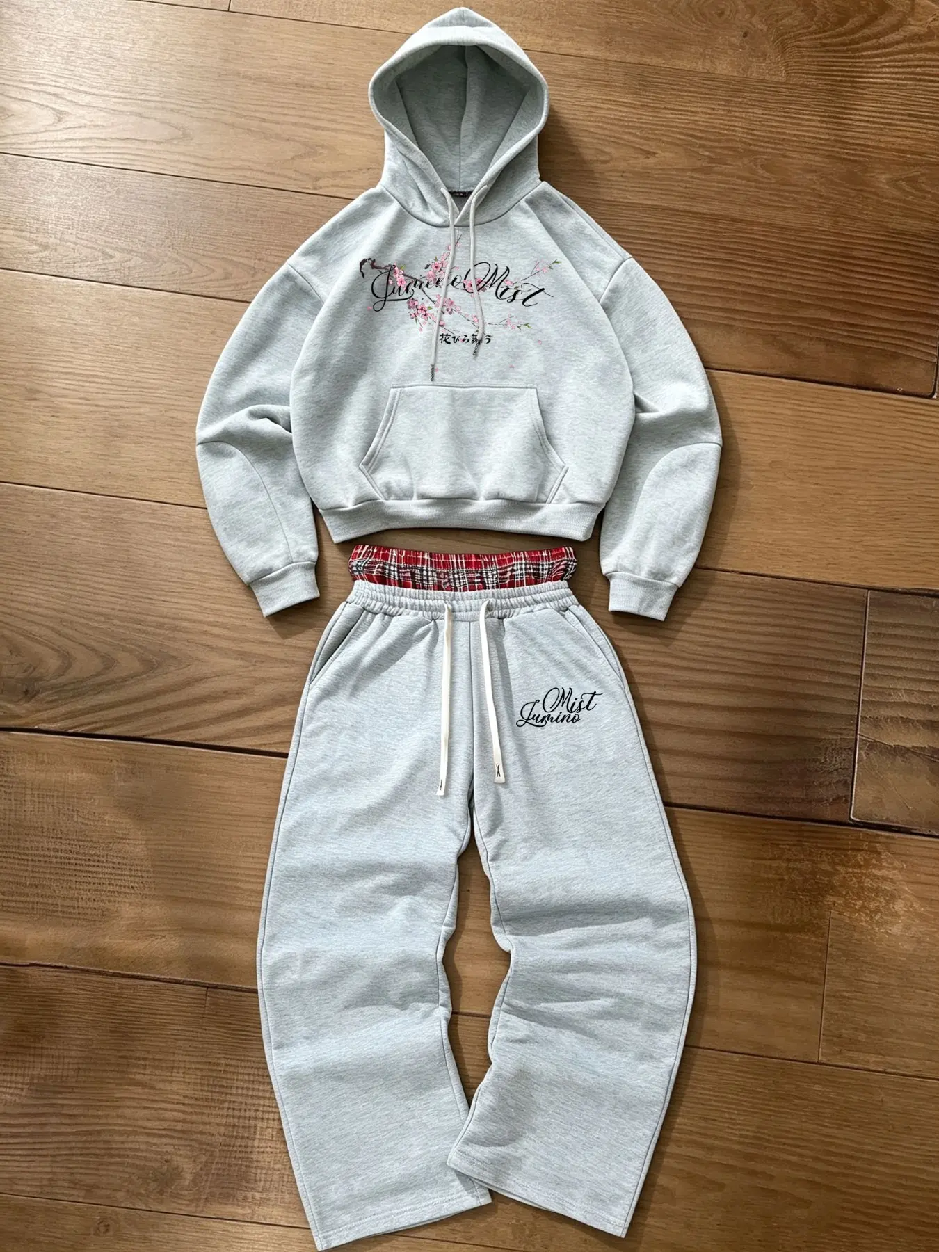 Men's Two-Piece Sports Set, Cherry Blossom Print Hoodie + Grid Waistband Wide Leg Pants, Y2K Japanese Streetwear