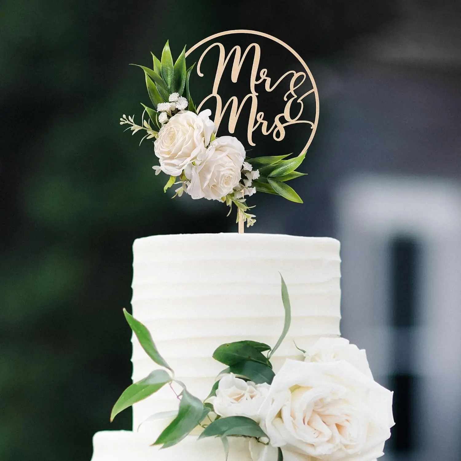 Mr & Mrs Wooden Wedding Cake Topper, Handcrafted 3D Artificial White Roses & Green Leaves Design Wedding Cake Decoration