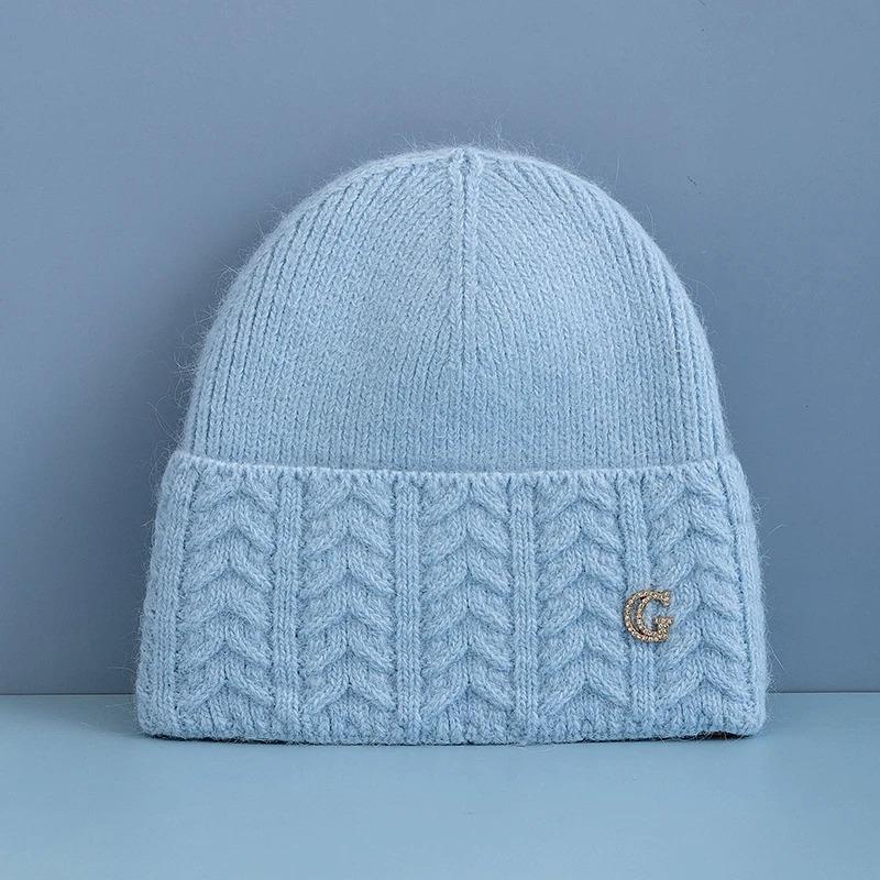 New Style Simple Chic Winter Hat G Letter Decor Rabbit Fur Beanie Elegant Winter Hats For Women Candy Colors Warm Knit Hats