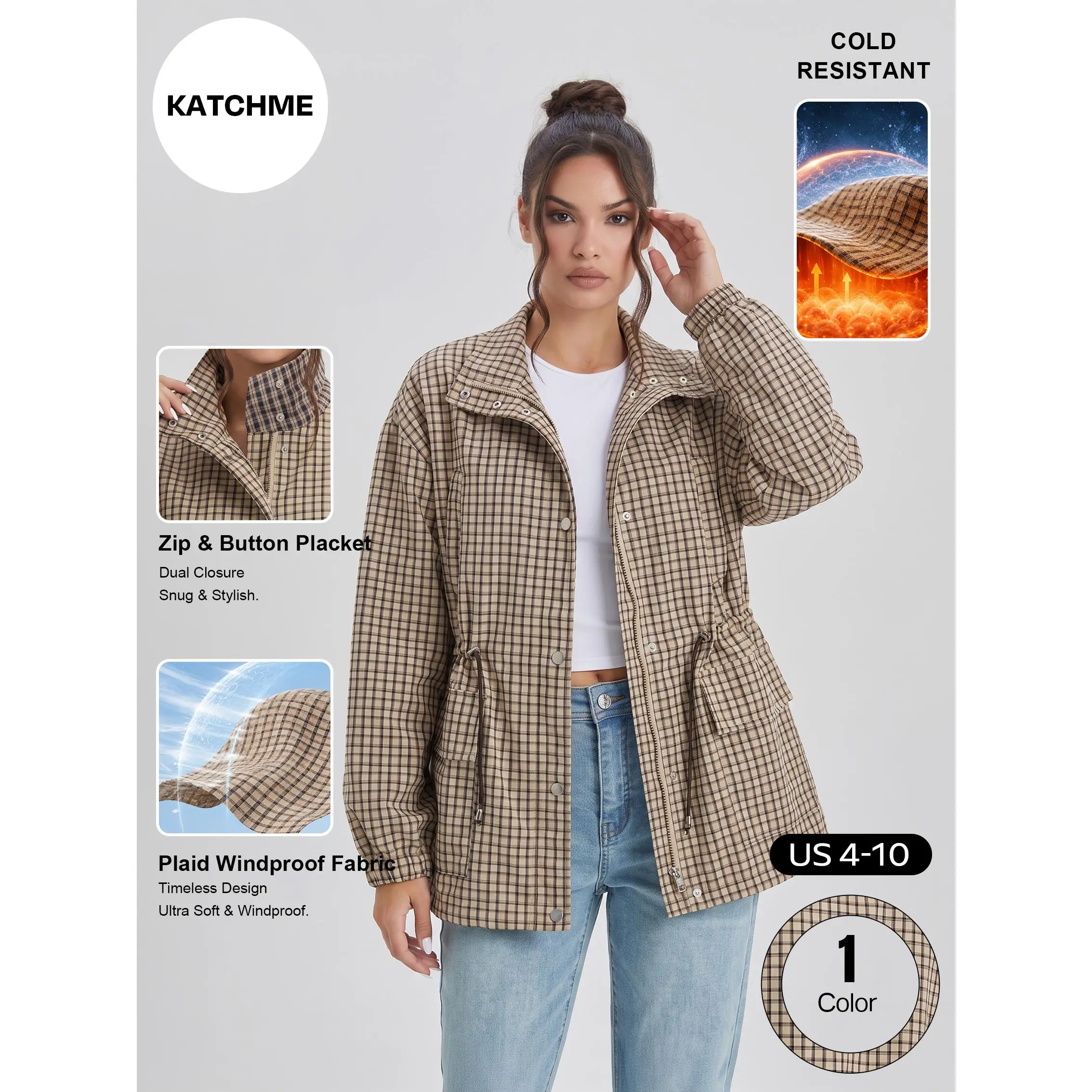 Katch Me Chic Women's Versatile Plaid Stand Collar Cinched Waist Long Sleeve Trench Coat, Vintage Zipper & Button Flap Pocket Windproof Outerwear, Durable Wrinkle-Resistant Fall Outfits #TikTokMadeMeBuyIt #ComfyOutfit #Windbreaker #CasualChic