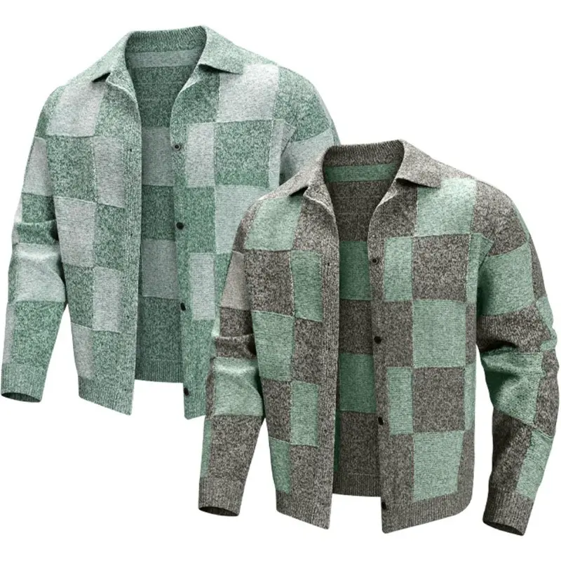 Men Color Block Checkered Knit Cardigan Jacket Lapel Collar Button Down Plaid Patchwork Sweater Coat 2 Colors Green Gray Casual Long Sleeve Knitted Outerwear Streetwear Fall Winter Outfit