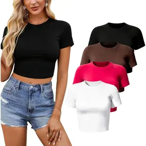 Multi-Pack Women's Knit Cropped T-Shirts, Slim Fit Short Sleeve Basic Crop Tees