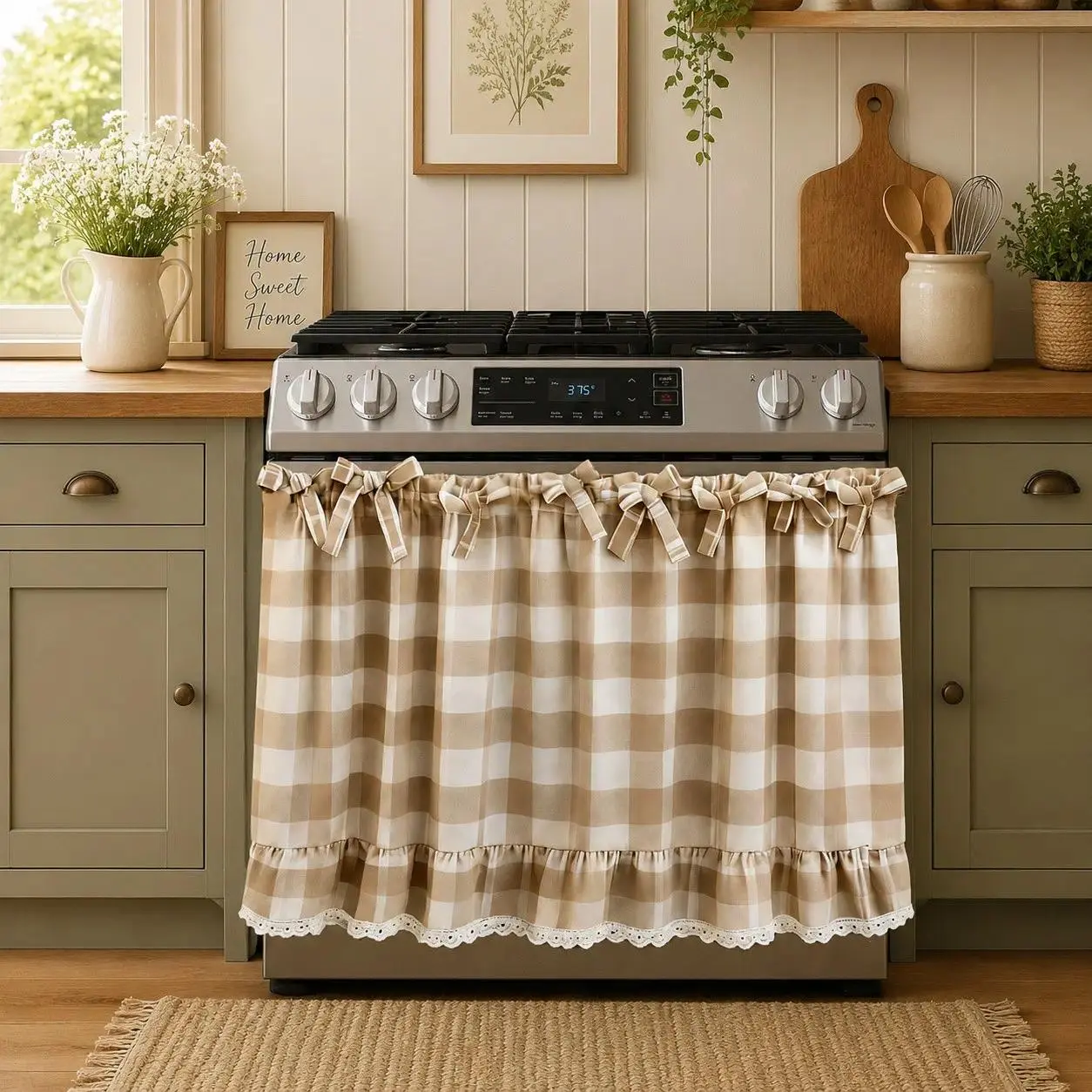 Various Styles of Rustic Kitchen Handmade Oven Aprons and Stove Decorative Skirts, Stovetop Cover, Featuring Lace Trim and Multiple Straps; Vintage Country-style Oven Door Curtains, Suitable for Rustic Cottages and Everyday Kitchen Decor