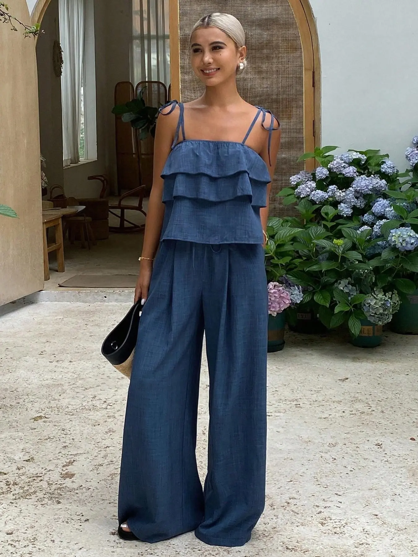Women's Light Blue Resort Set Bohemian Boho Style Casual Featuring High-Waisted Wide-Leg Pants With Tie-Up Suspenders Lightweight Fabric Perfect For Beach Vacations Everyday Outings And A Summer Essential.