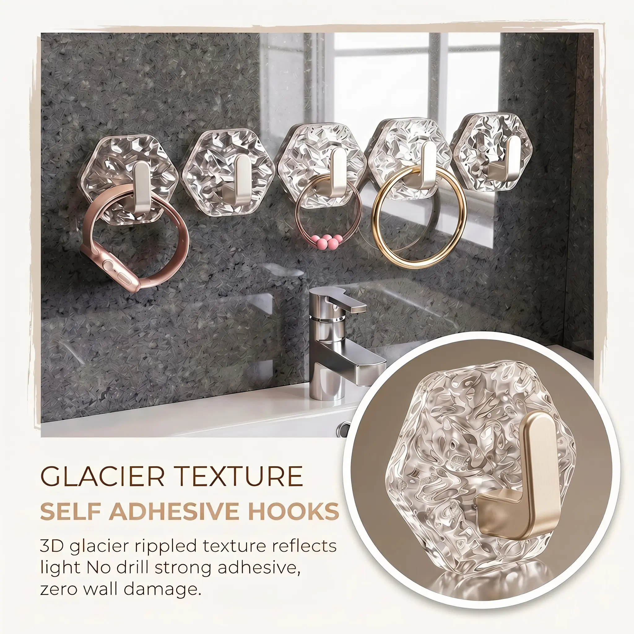 2026 Home Decor Storage Accessory 10 PCS Glacier Crystal No Drill Adhesive Wall Hooks, Waterproof Heavy Duty Sticky Towel Key Hooks, Luxury Bathroom Kitchen Storage Hanger for Renters Women, Trendy Home Organization Decor Accessories-YY0