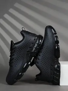 Men's Air Cushion Running Shoes, Breathable Perforated PU Leather, Thick Sole Shock Absorption, Sporty Style, All Seasons, Workout Sneakers, Running Sports Shoes