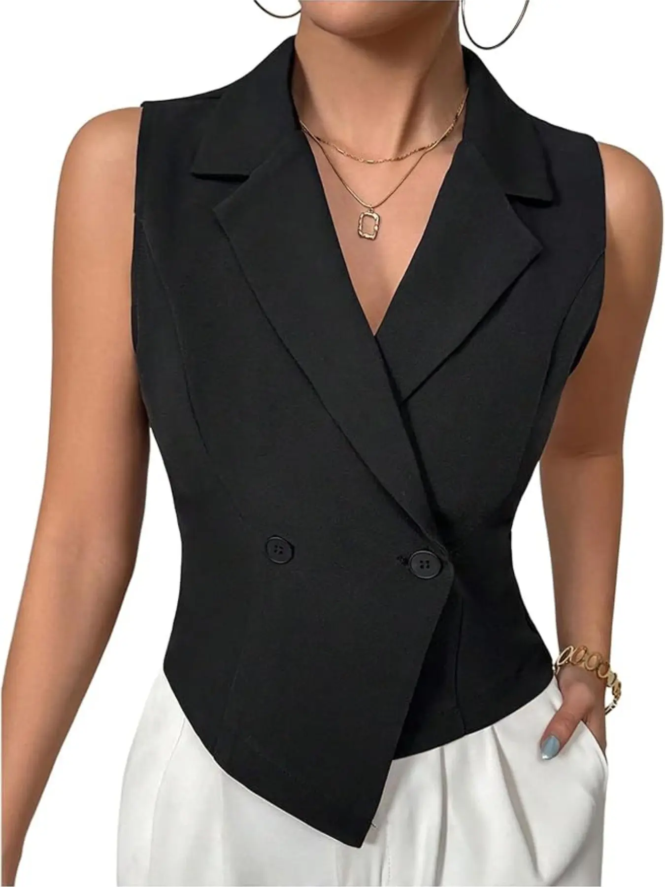 Women's Lapel Sleeveless Solid Button Blazer Vest, Double Button Tight Short Waist Belt, Elegant Office Work Casual Set, Blazer Top