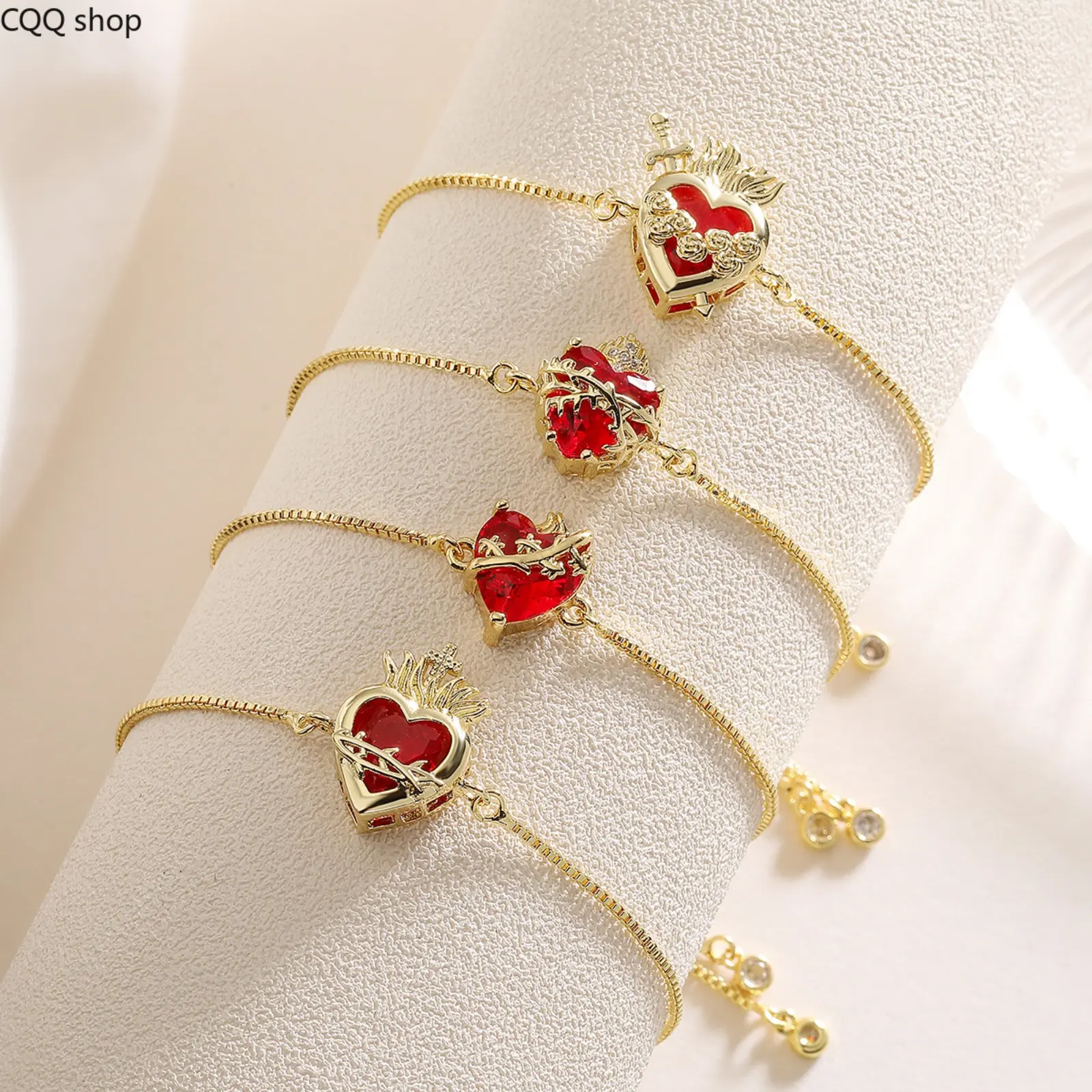 18K Gold Plated Copper Adjustable Bracelet Red Cubic Zirconia Heart Charm Dainty Minimal Wrist Jewelry Trendy Stackable Accessories for Women Daily Date Night Outfits