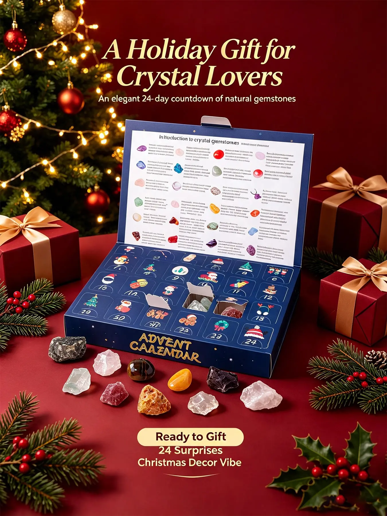 24-Day Crystal Advent Calendar, Natural Crystal Rough Stones, Random Christmas Countdown, Healing Mineral Specimen Box, Holiday Gift