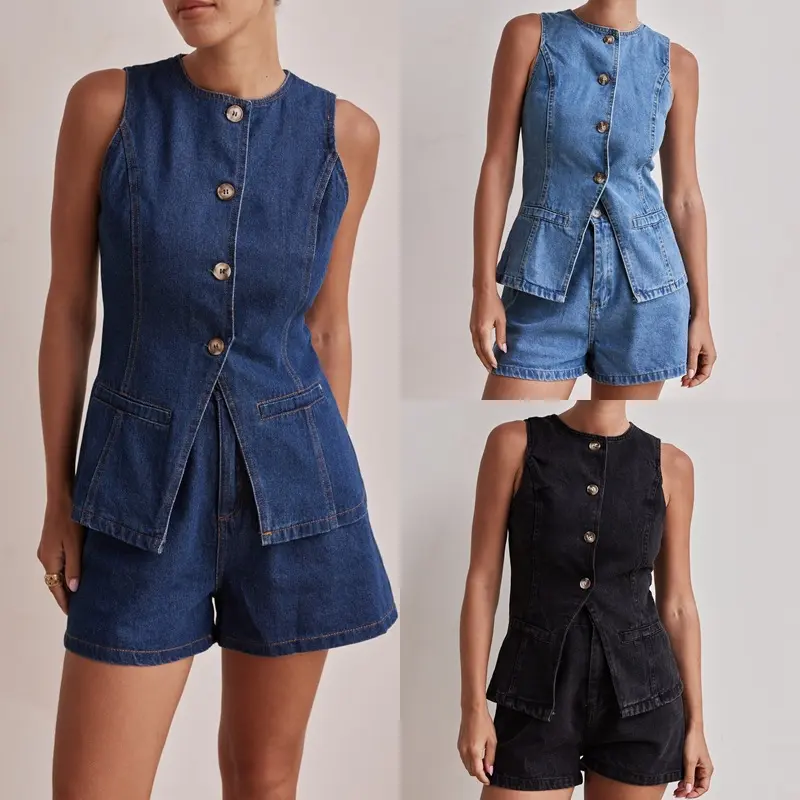 Women's Denim 2-Piece Set, Fashionable Sleeveless Waist-Cinching High-Waist Loose Denim Shorts, Plus Size, All Seasons Wear