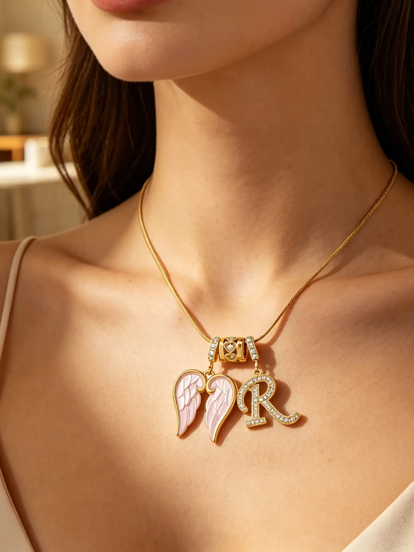 Pink angel wings letter necklace with wing pendant and 26 letter design pendant necklace, unique and luxurious zircon-set jewelry for women, letter necklace, Elegant necklace