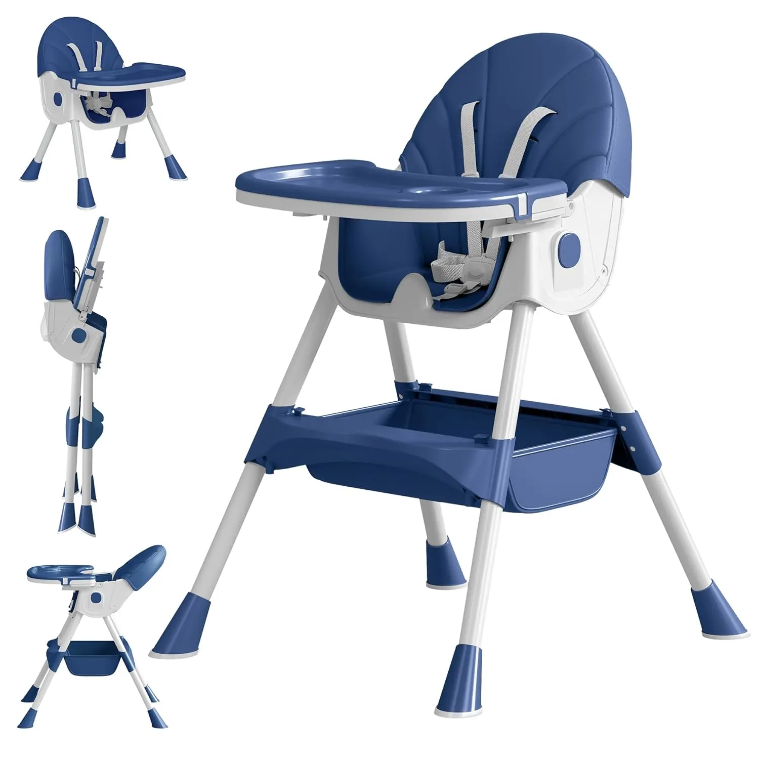 Baby High Chair, 5 in 1 High Chairs  Babies and Toddlers, Travel Foldable High Chair with Foot Rest, Detachable PU Cushion, Double Removable Tray, Adjustable Height & Recline, Locking Wheels