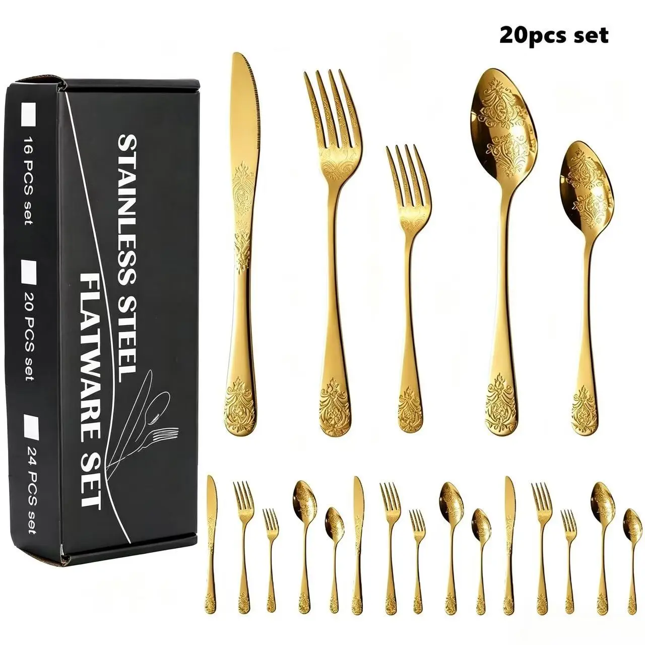 20-Piece Vintage Floral Stainless Steel Cutlery Set, Tableware Sets, Elegant European Style, Durable & Rust-Resistant, Ideal for Home & Hotel Use