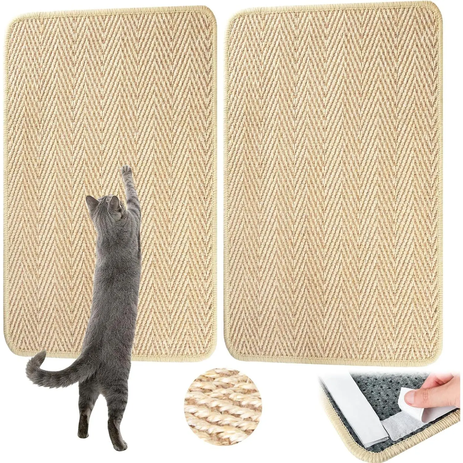 2-Pack Natural Sisal Rope Cat Scratcher Mats (23.6x15.7in) - Furniture Safe Adjustable Furniture Protector Scratch Pads with Fastener Straps, Included Catnip for Indoor Cats