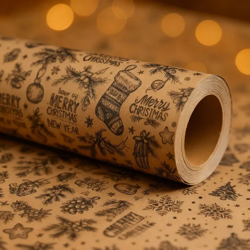 [Christmas Gift Wrap] 1 Roll Vintage Christmas Wrapping Paper Suitable for - Elegant Brown Kraft with Daisies, Snowflakes, Bells, Stars & Candy Canes - 17x2 Inch Core, Seasonal Gift Wrap, Durable Holiday Packaging Paper