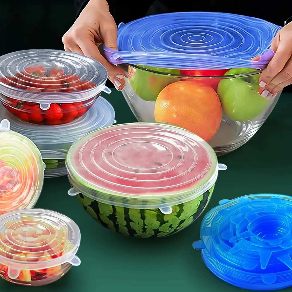 Kitchen 6-Piece Reusable Silicone Stretch Lid Set - Round, Lightweight, Collapsible Food Preservation Covers for Bowls, Containers, Dishwasher-Safe, Refrigerator-Safe, 6 Different Sizes