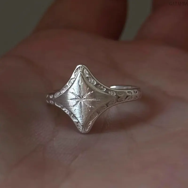 Vintage Brushed Silver Starburst Open Ring, Cool Tone Niche Stylish Adjustable Statement Ring for Women