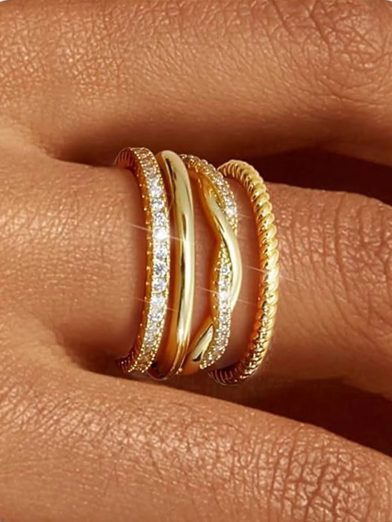 4-Piece Women's Ring Set, Luxurious Zircon Embedded Rings, Stackable Braided Design, Wedding Anniversary Engagement Jewelry Gift, Stackable Finger Rings