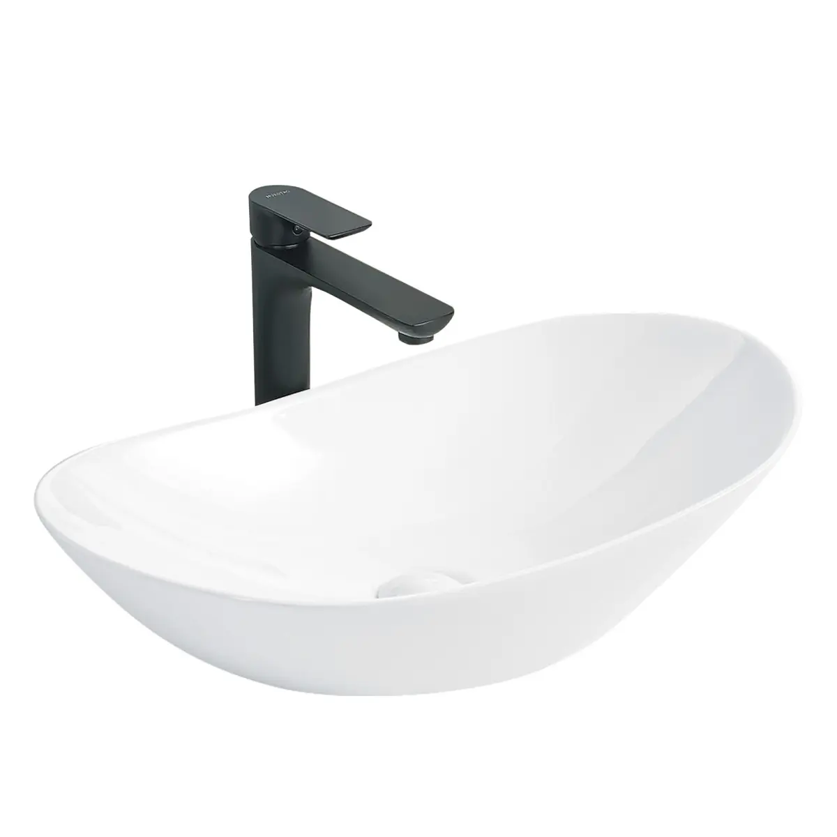 White Oval Ceramic Vessel Sink - Modern Minimalist Art Bathroom Countertop Vanity Basin, Countertop Fit, On-Site Install, Rounded Edges, Water Control Feature