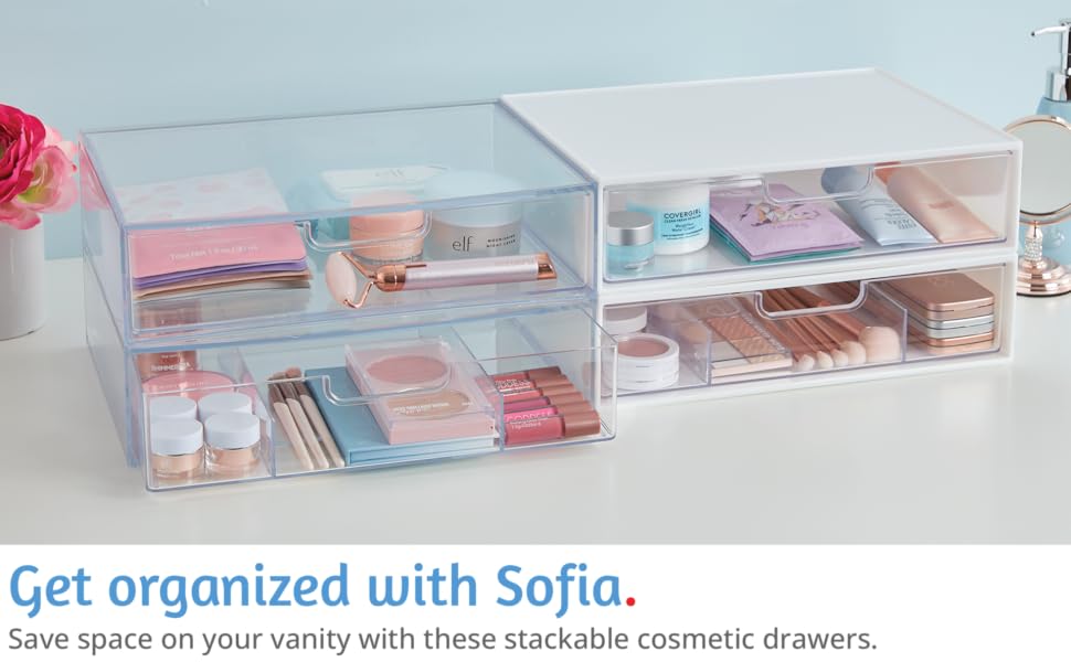 12.5” Wide Clear Stackable Open & Divided Storage Drawers, 2 Pack Plastic Organizer Bins for Makeup Palettes, Cosmetics, & Beauty Supplies, Vanity, Bathroom, Desk Organization, Made in USA Boxes 12.5” Wide Clear Stackable Open & Divided Storage Drawers, 2 Pack Plastic Organizer Bins for Makeup Palettes, Cosmetics, & Beauty Supplies, Vanity, Bathroom, Desk Organization, Made in USA Boxes