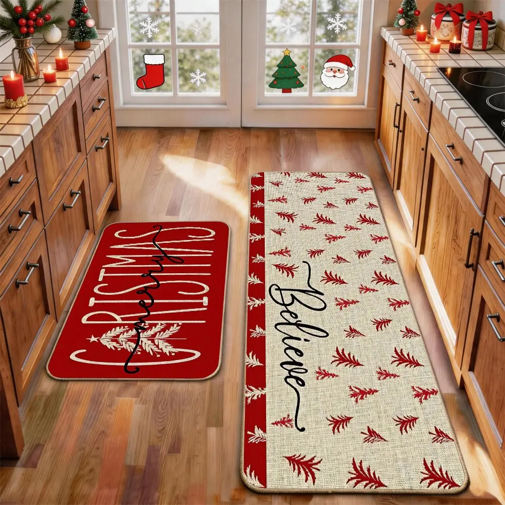 2 Pcs Christmas Kitchen Rug Mat Gnomes Gingerbread Tree Santa Clause Snowflake Red Black Floor Mat Set Farmhouse Kitchen Rug Non Slip Restaurant Floor Dining Room Laundry Room Decor Carpet Mat Winter Decor Home Decor Rug