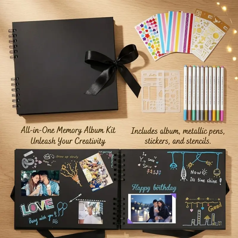 All In One DIY Scrapbook Memory Album Kit Scrapbooking Black Hardcover Photo Journal With Ribbon Bow Includes Metallic Marker Pens Decorative Stickers Drawing Stencils Gift For Couple Anniversary Birthday Travel Keepsake