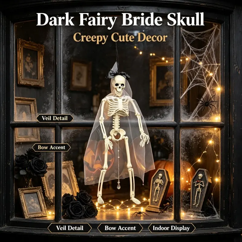 Halloween Bride & Groom Skeleton Hanging Decor, Pose‑able Skeleton Set with Veil Bow & Cape Bowtie, Spooky Haunted House Party Ornaments