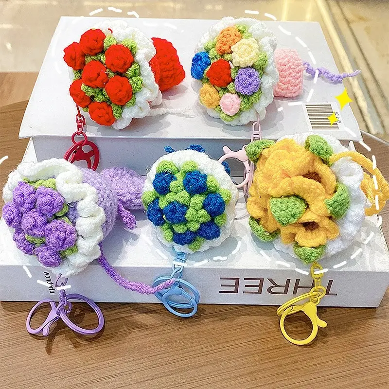 Finished Hand Crocheted Yarn Keychain Decorated With Three Dimensional Rose Flower Soft Plush Yarn Texture Compact Light Pendant For Holiday Gift Handbag Daily Matching Diy Minimalist Creative Decorative Accessory