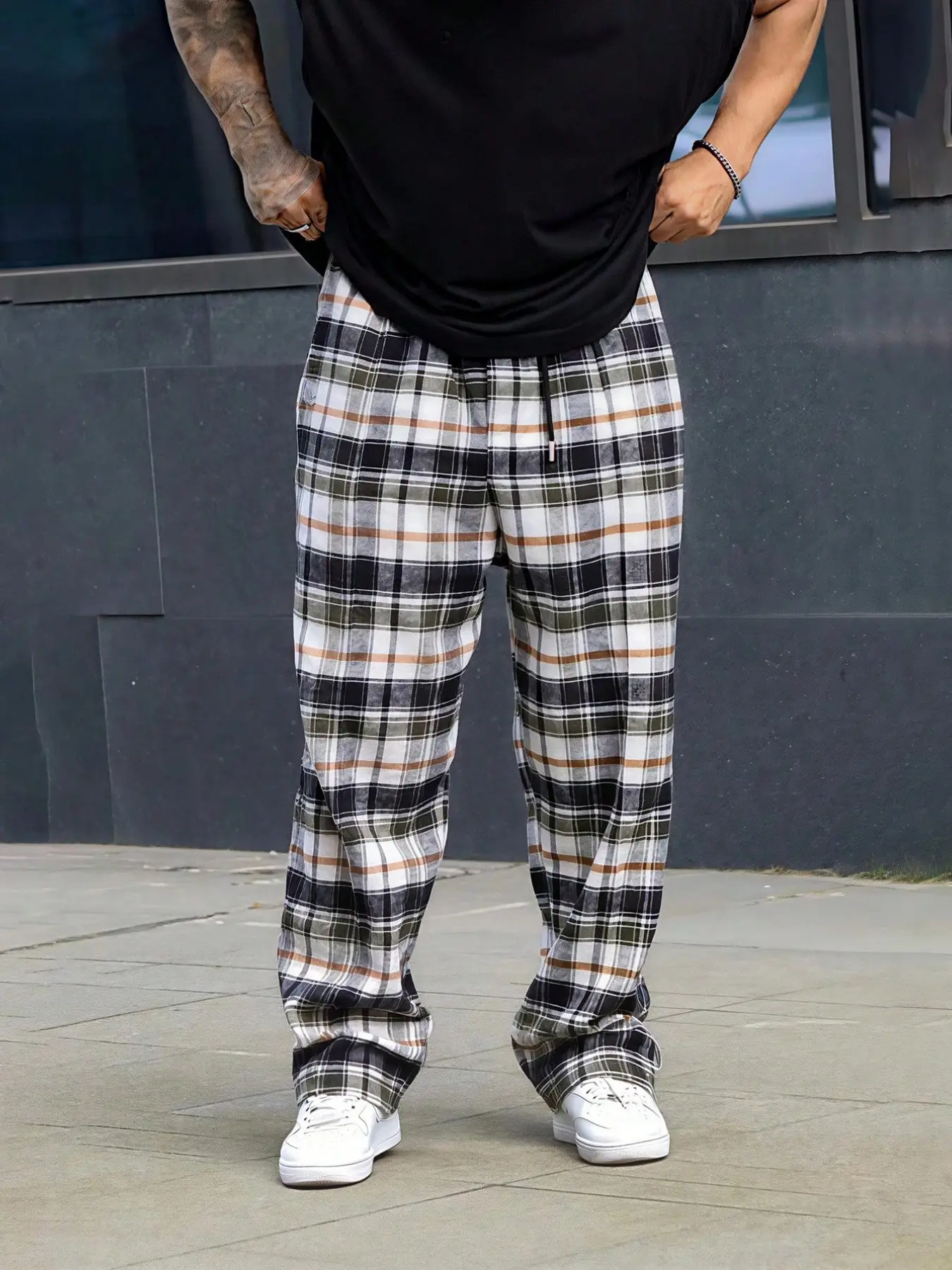 Men's Autumn Loose Oversized Plaid Long Pants, Versatile Casual Trousers, All-Season Wear, Striped Pattern, Unlined, Comfortable Fit
