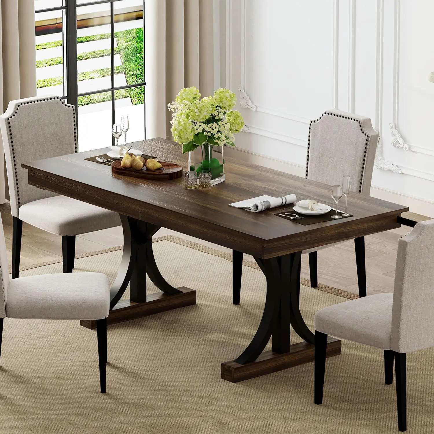 Garvee 71-Inch Wooden Kitchen Table with Two Drawers, Large Rectangular Dining Table for 6-8, Featuring a Spacious Tabletop and Sturdy Double Pedestal Frame, Ideal for Kitchen and Dinner Settings