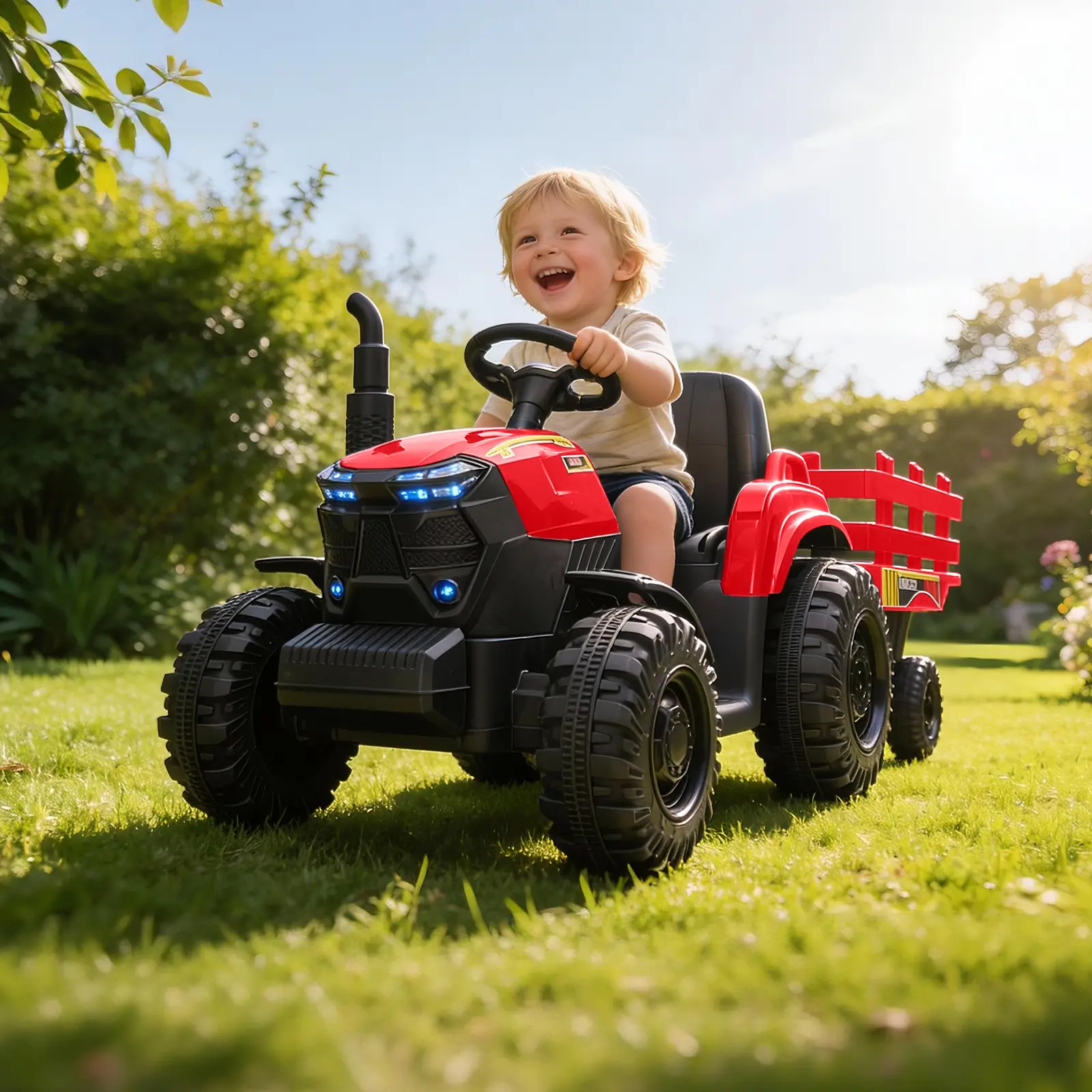 Battery Powered 12V Electric Tractor for Kids, Equipped with Trailer & Dual 40W Motors, Built-in LED Lights, USB and MP3 Function, Outdoor Farm Ride-On Toy Suitable for Children 3 to 6 Years Old-party gift