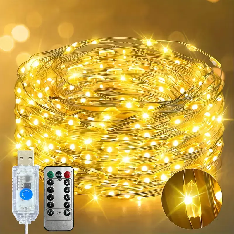 USB Fairy Lights Twinkle Light String, Silver Wire Lights with Remote Control and 8 Modes, Starry DIY Party Wedding Christmas Holiday Decorations, Birthday Party Atmosphere String Lights, Ambient Atmosphere Lights, USB Powered Lighting