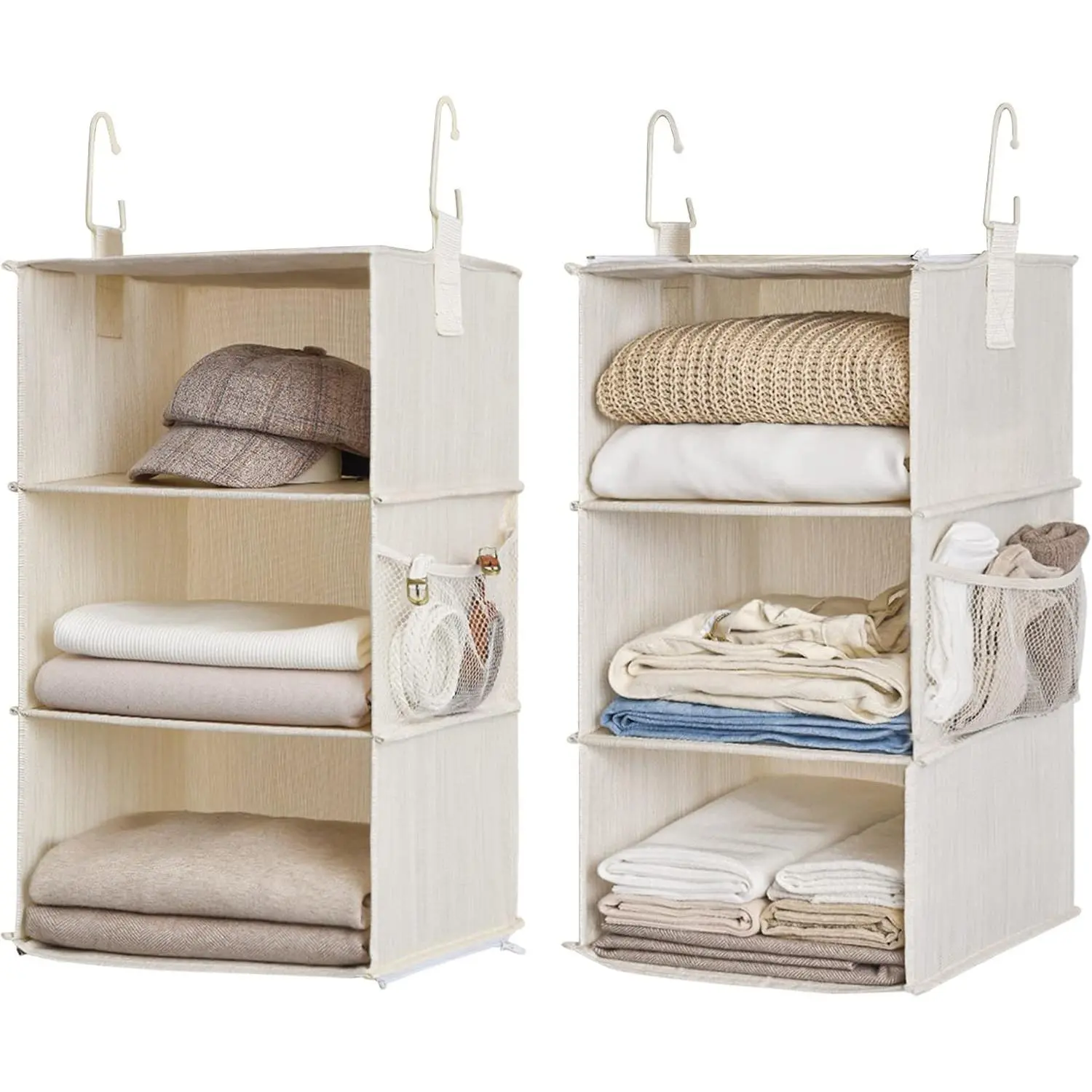 6-Shelf Closet Organizers, Two 3-Shelf Separable Hanging Shelves for Closet, 12" D x 12" W x 48 ¼"H, Mixing of Beige, White & Ivory