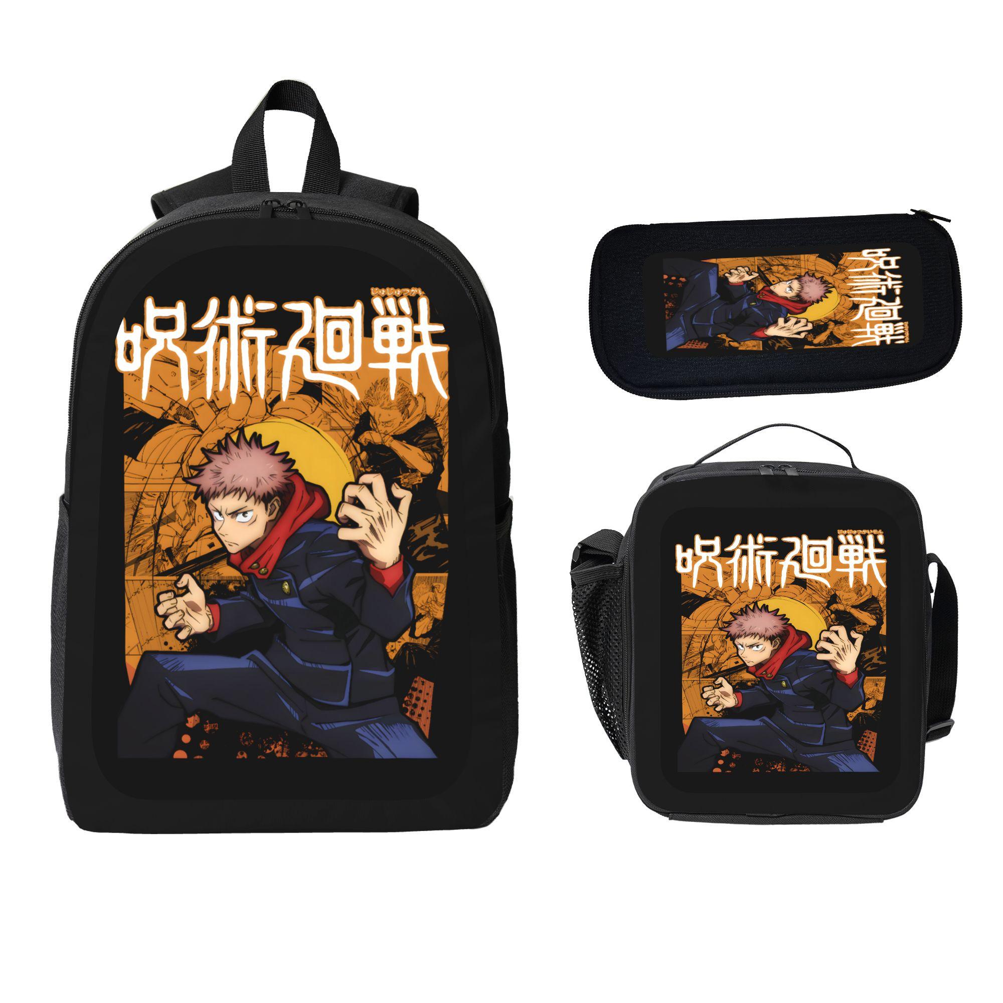 Anime Jujutsu Kaisen Itadori Yuji Print 3PCS Backpack Set with Lunch Box Pencil Case Cool Casual School Backpack Lightweight Travel Daypack for Kids Teens Anime Fans Gift Back to School Trendy TikTok Backpack Bundle Comfortable Shoulder Strap