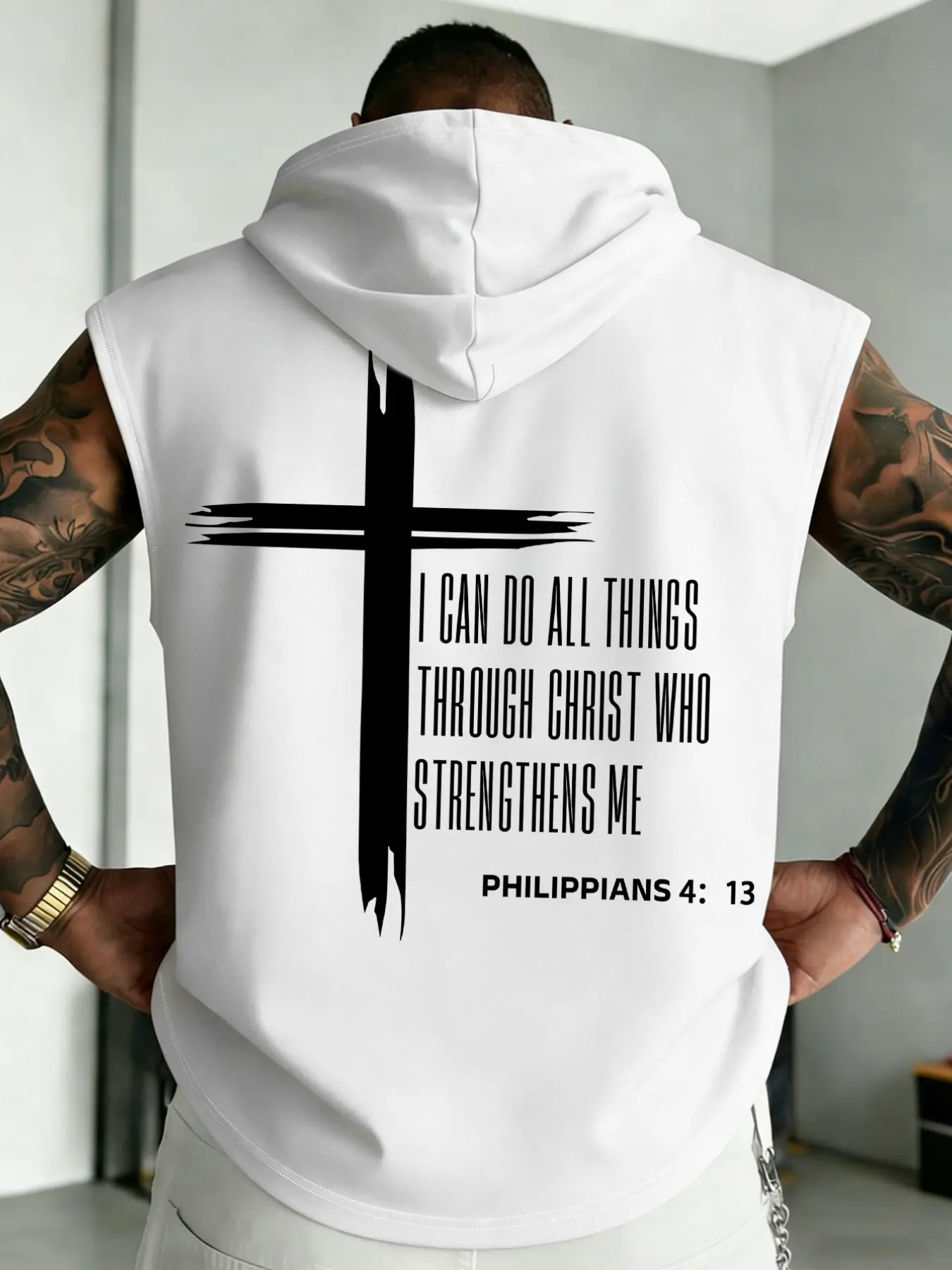 Men's Distressed Cross Bible Verse Quote Print, Graphic Sleeveless Drawstring Hooded Tank Top Faith Inspired Gym Casual Street Muscle Vest, #MensHoodedTank #FaithApparel #ChristianPrintTop #GymWorkoutWear #TikTokFashion #TrendingMens #SpiritualStreetStyle
