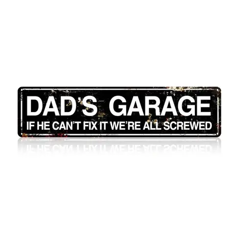 Vintage Garage Sign - Funny "Dad's Garage" Print, 4x16in Lightweight Hanging Metal Plaque, Adult Mens Gift for Dads, Office Home Decor Signage Man Cave Accent